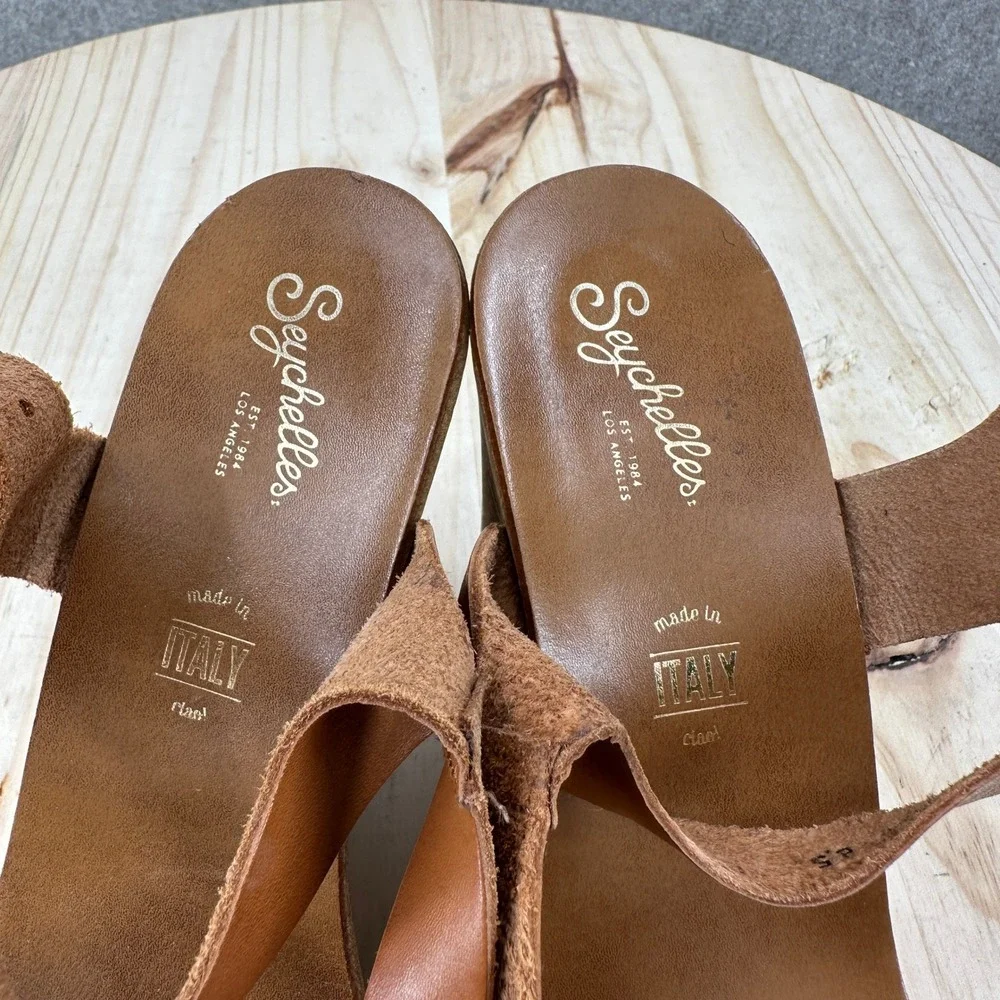 Seychelles Ciao Wedge Sandals Womens 8.5 Brown Leather Wood Platform Studded
